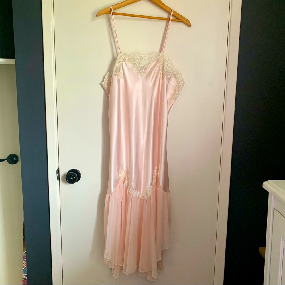 Vintage Eaton’s Lace-Trim Pink Satin Slip Dress Medium
